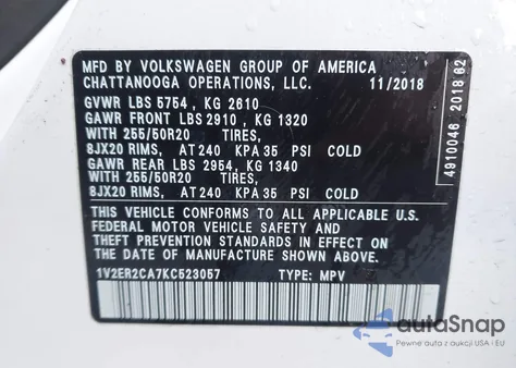 2019 Volkswagen Atlas 3.6L V6 Sel из США, поврежденный, VIN 1V2ER2CA7KC523057